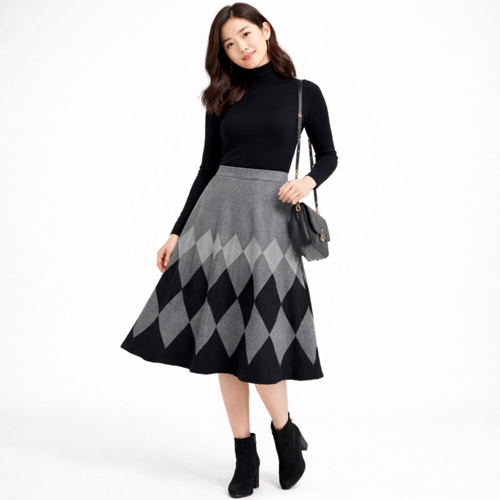 Sioni Argyle Print A-line Sweater Skirt Gray Black S